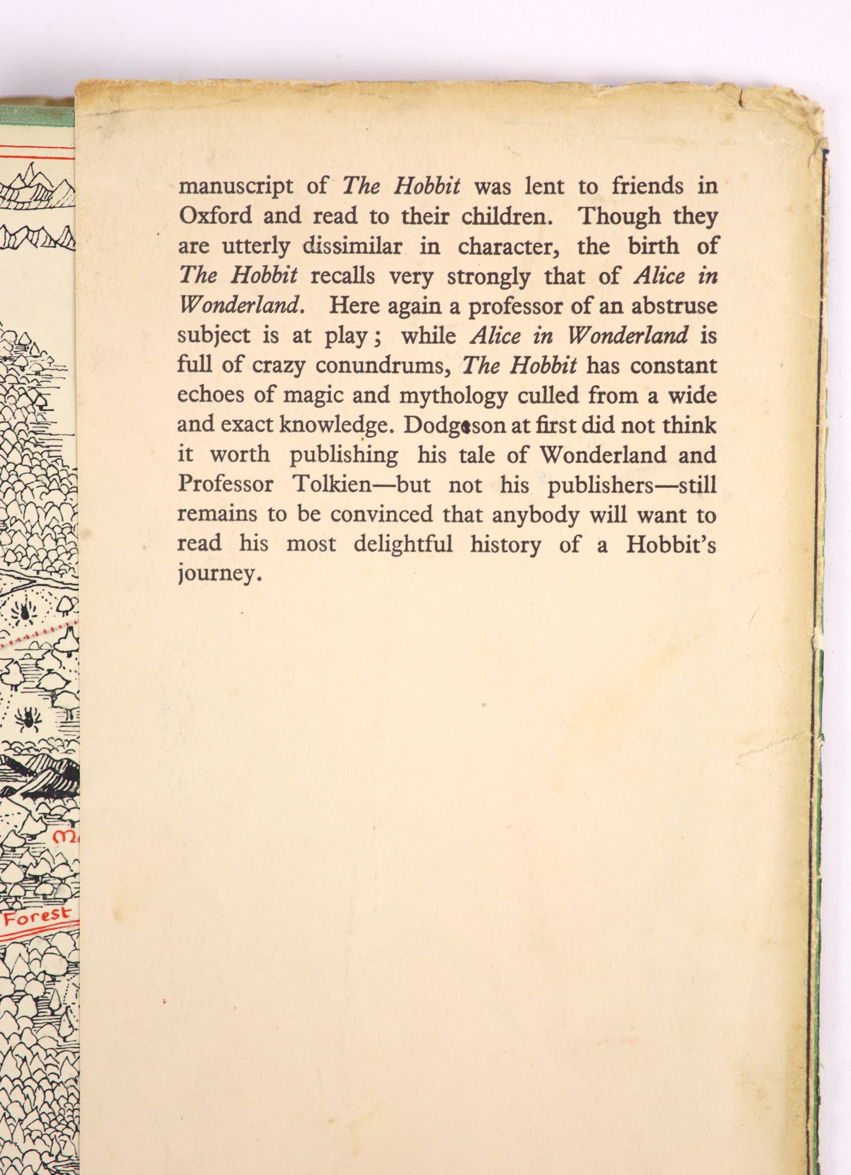 Tolkien, John Ronald Reuel (1892-1973) - The Hobbit or There and Back Again, 1st edition, 1st impression, with 1st impression dust jacket, with the word ‘’Dodgeson’’ hand corrected, with an ink mark through the ‘’e’’, th